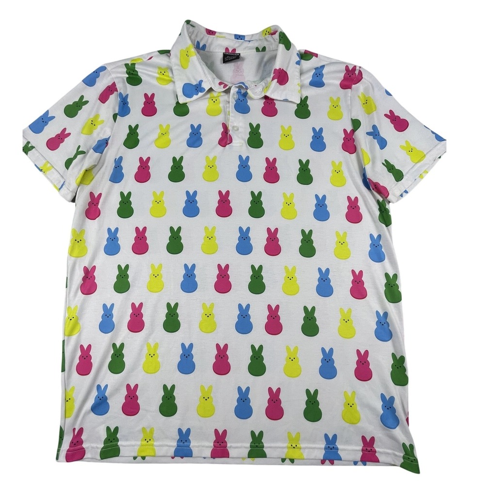 Linocouton Polo Shirt Mens Large White Easter Peeps Bunny All Over Print Novelty